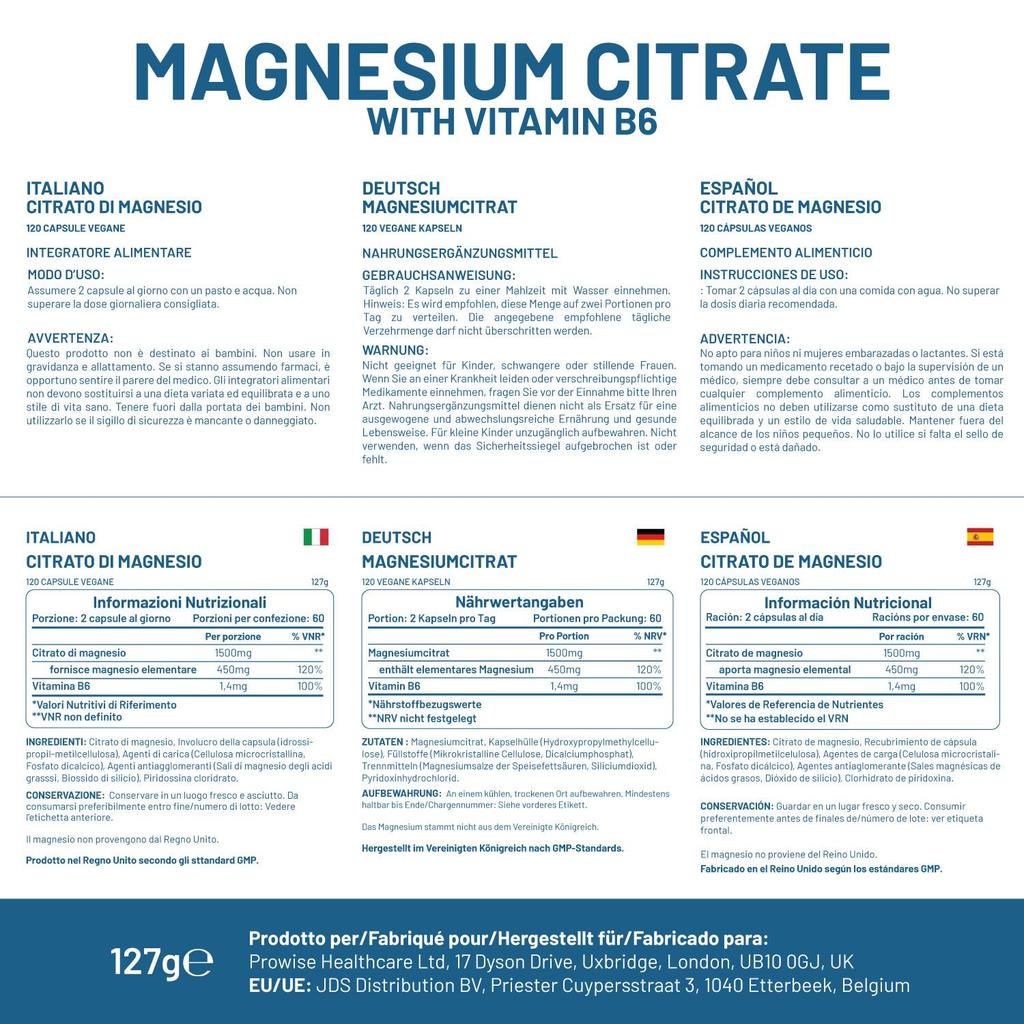 Magnesium Citrate Capsules 1500mg with Vitamin B6 | 120 Vegan Tablets | 450mg Elemental Mg