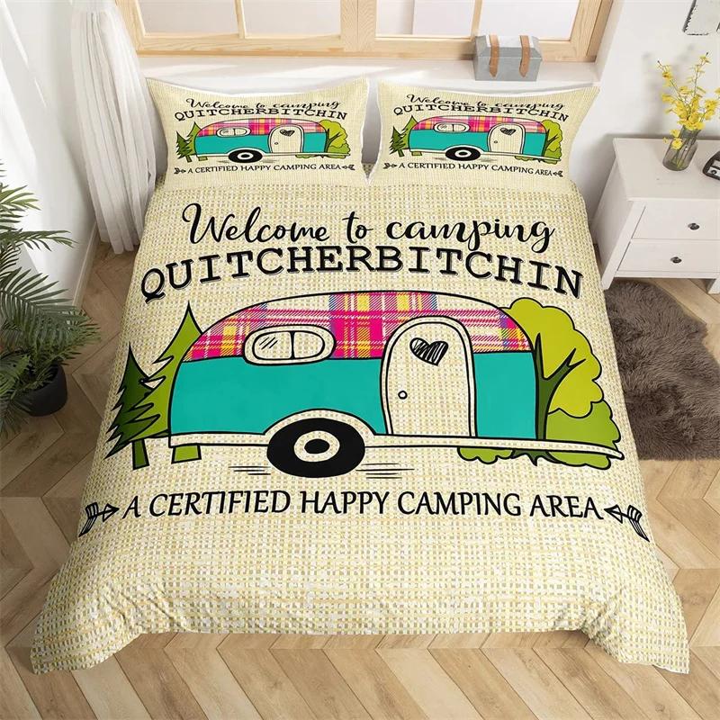 Camper Bedding Set Vintage Cabin Twin Full King Duvet Cover Cartoon Camp Travel Car Quilt Cover Farmhouse Style Comforter Cover