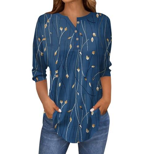 Womens 3/4 Length Sleeve Spring Summer Tops Casual Large Size Retro Floral 3D  Print Shirt Trendy Loose Women Clothing Blouse