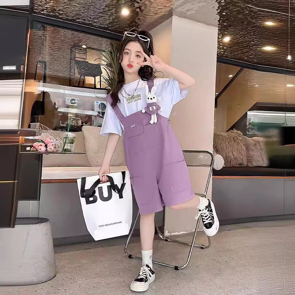 Girls Summer Solid Short Sleeve T Shirt with Cute Denim Overalls Set
