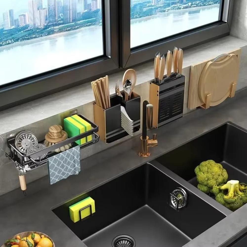 Removable Kitchen Cloth Rack Wall Mounted Kitchen Storage Shelf No Hole Assembly Sink Drain Racks Waterproof Home Storage Shelf