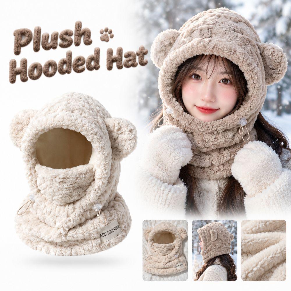 Adjustable Drawstring Hat Scarf Combo Thickened Warm Winter Balaclava Plush Hooded Hat for Women