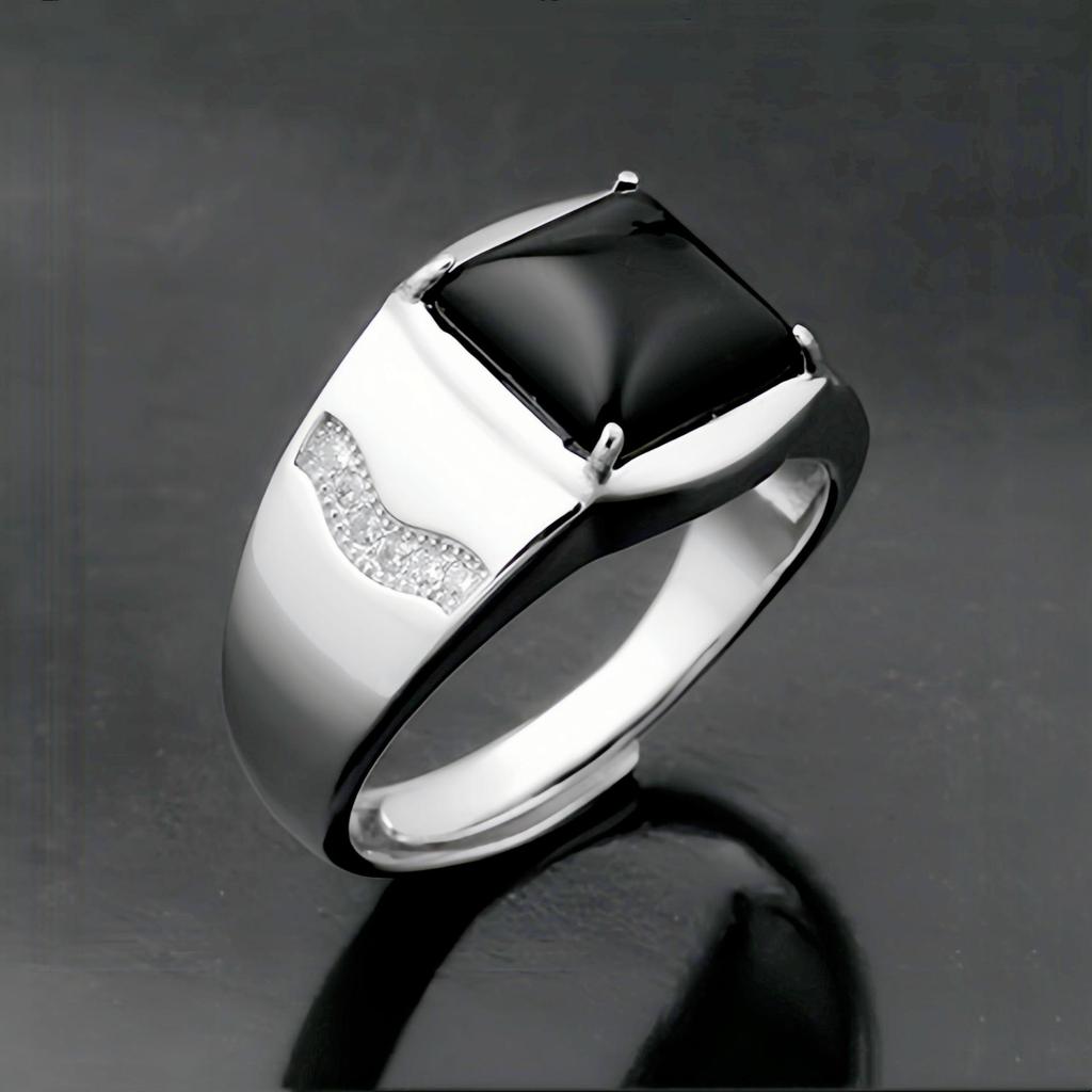 Men's Adjustable Black Agate Square Ring with Black Diamond - Korean Style and Smooth Finish