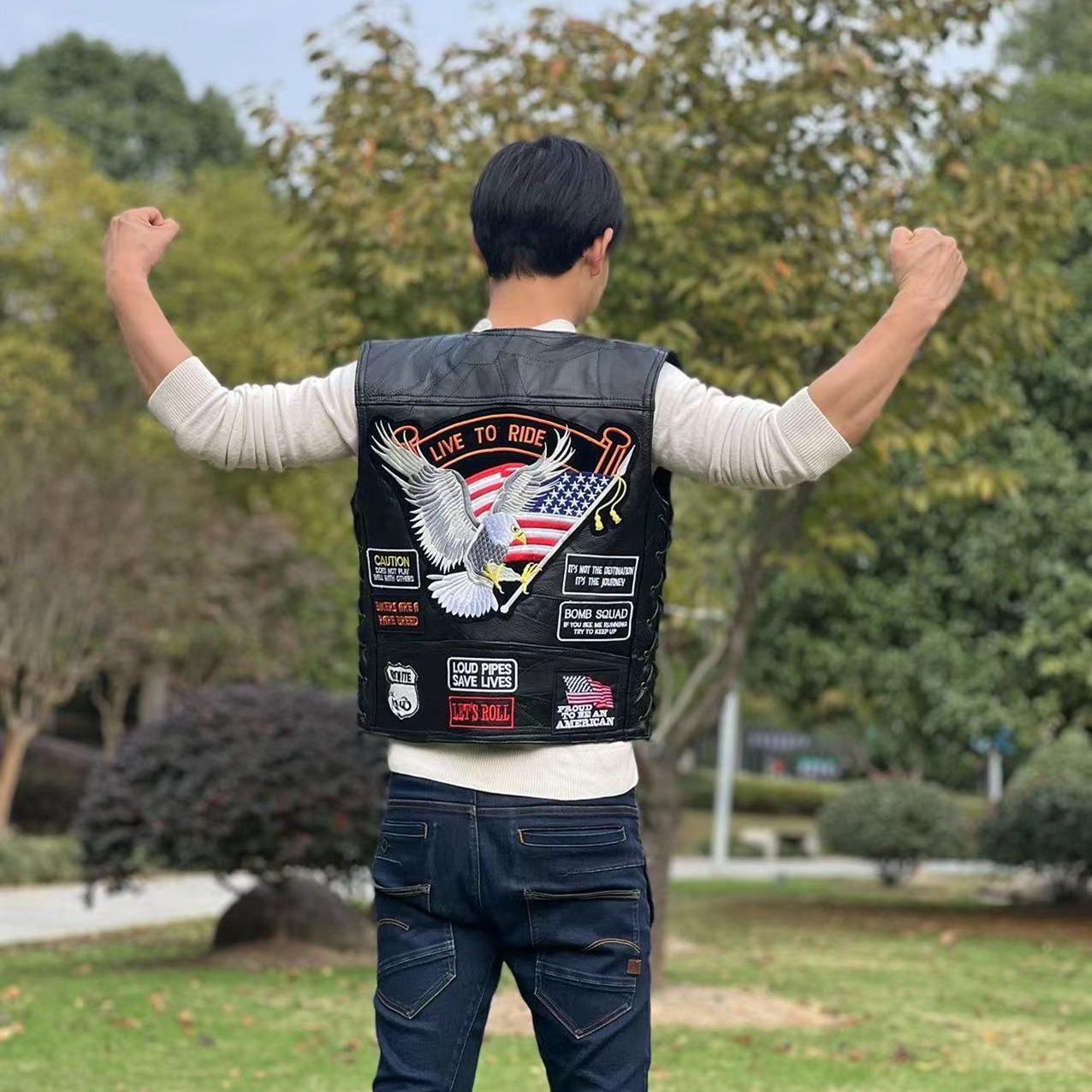 Мужская уличная жилетка, жилетка для велоспорта с кожаной вставкой, жилетка с вышивкой в стиле хэви-индастри, оверсайз S