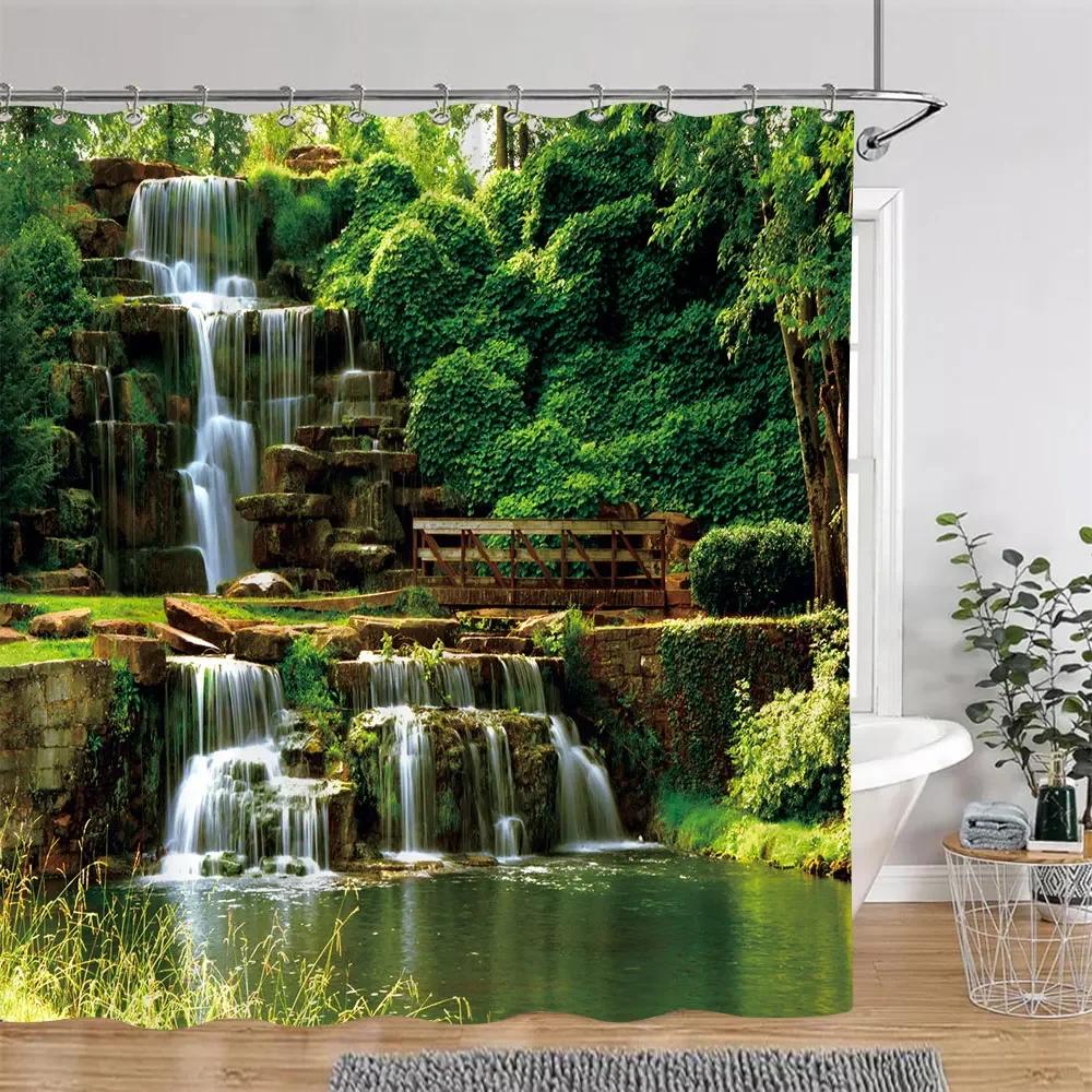 Sonnenschein Grün Wald Braun Fenster Duschvorhänge Bäume Pflanzen Natur Landschaft Polyester Badezimmer Vorhang Set Dekor Mit Haken
