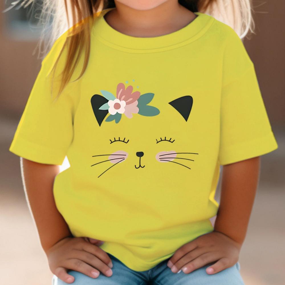 Kawaii Kočičí Topy Letní Dívčí Tričko s O-výstřihem Dívčí Módní Oblečení Dětské Tričko Kreslené Polyesterové Základní Dívčí Oblečení