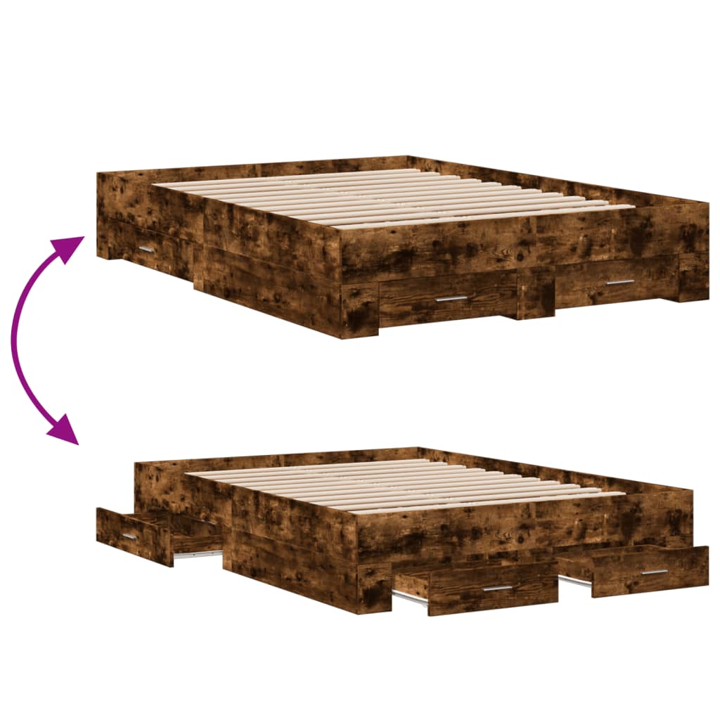 Bed Frame with Drawers Smoked Oak Finish 120 X 190 Cm Engineered Wood