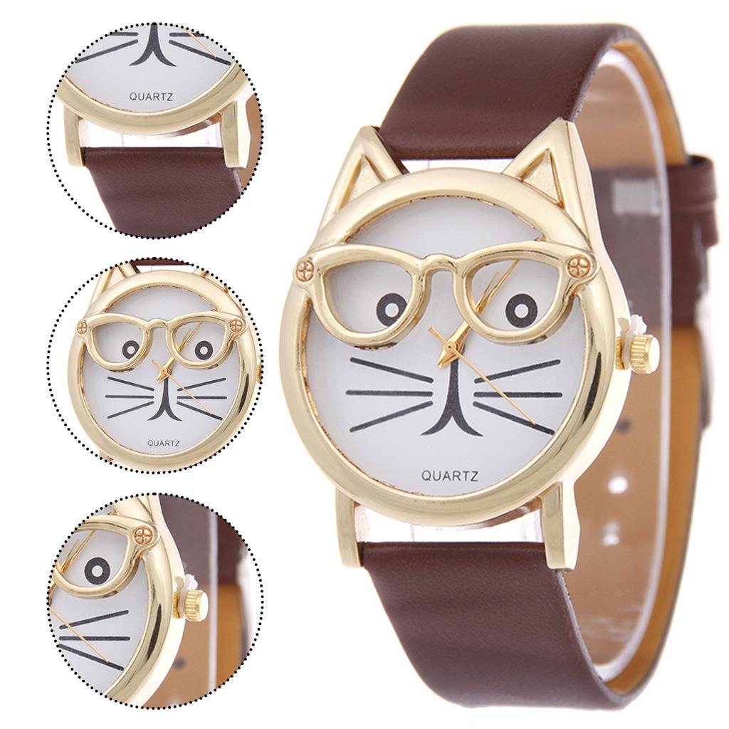 Ladies Watch Wear Glasses Cat Dial Belt Ladies Quartz Watch
