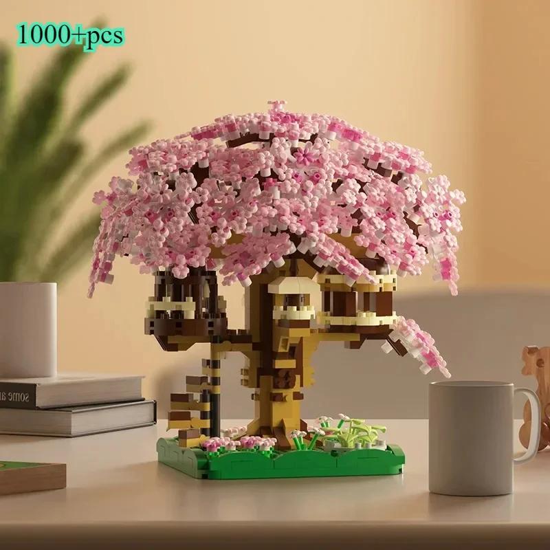 New 959PCS Cherry Blossom Flower Sakura Fantasy Treehouse MOC Architecture Model Assembly Building Block Puzzle Gift for Kid