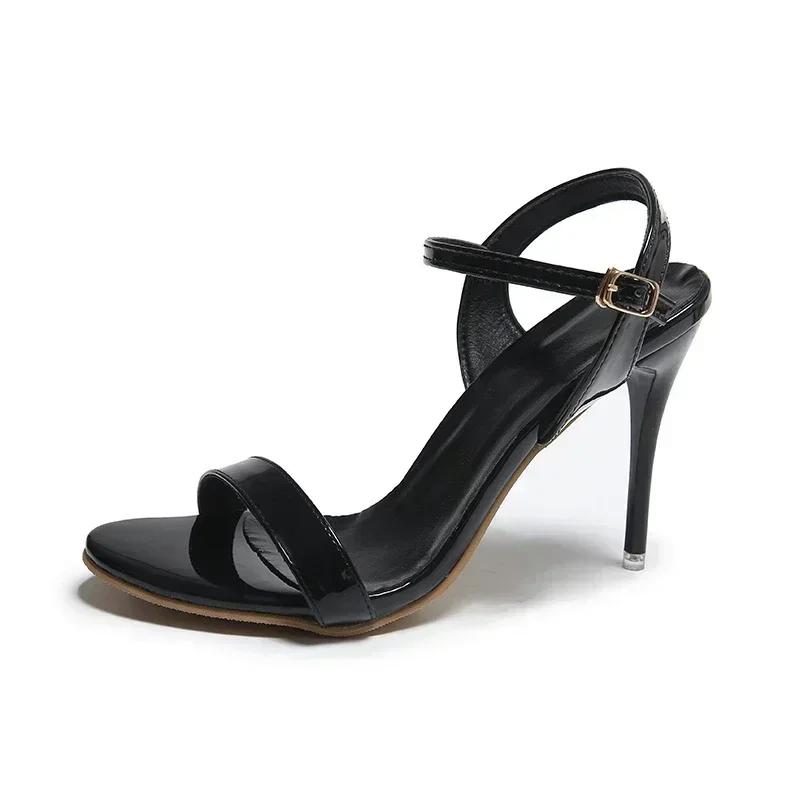 

Модные женские босоножки большого размера 45, летние босоножки на высоком каблуке 2024 года, модные босоножки с открытым носком, праздничные туфли с пряжкой, сексуальные свадебные туфли на тонком каблуке 45 чёрный