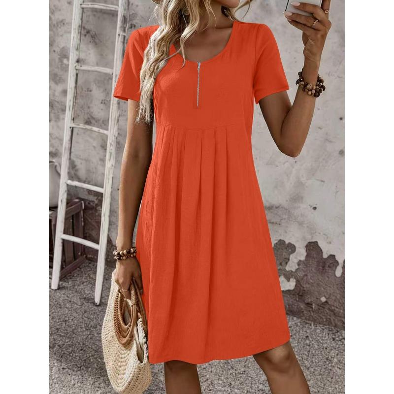 QICED Fashion Summer Spring Solid Color Print O-Neck Short Sleeve Casual Dresses