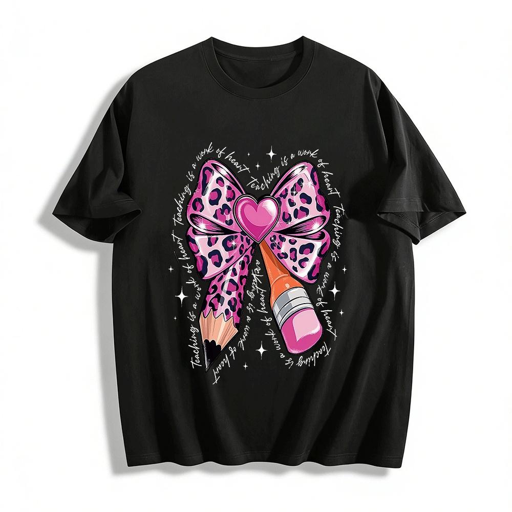 Leopard Print Bow Pencil Heart Teacher Themed Print Top Pure cotton T-shirt XXS