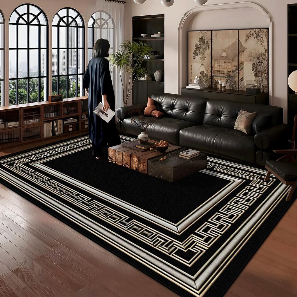 Chinese Style Border Design Carpet Large Area Living Room Antiskid Decoration Rugs Black Bedroom Washable Foot Mat Customizable
