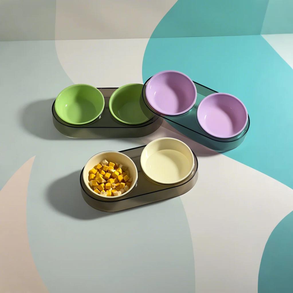 Transparent ins wind macaron color cat and dog feeding bowl water food integrated cat and dog eating utensils anti-overturning double bowls for pets