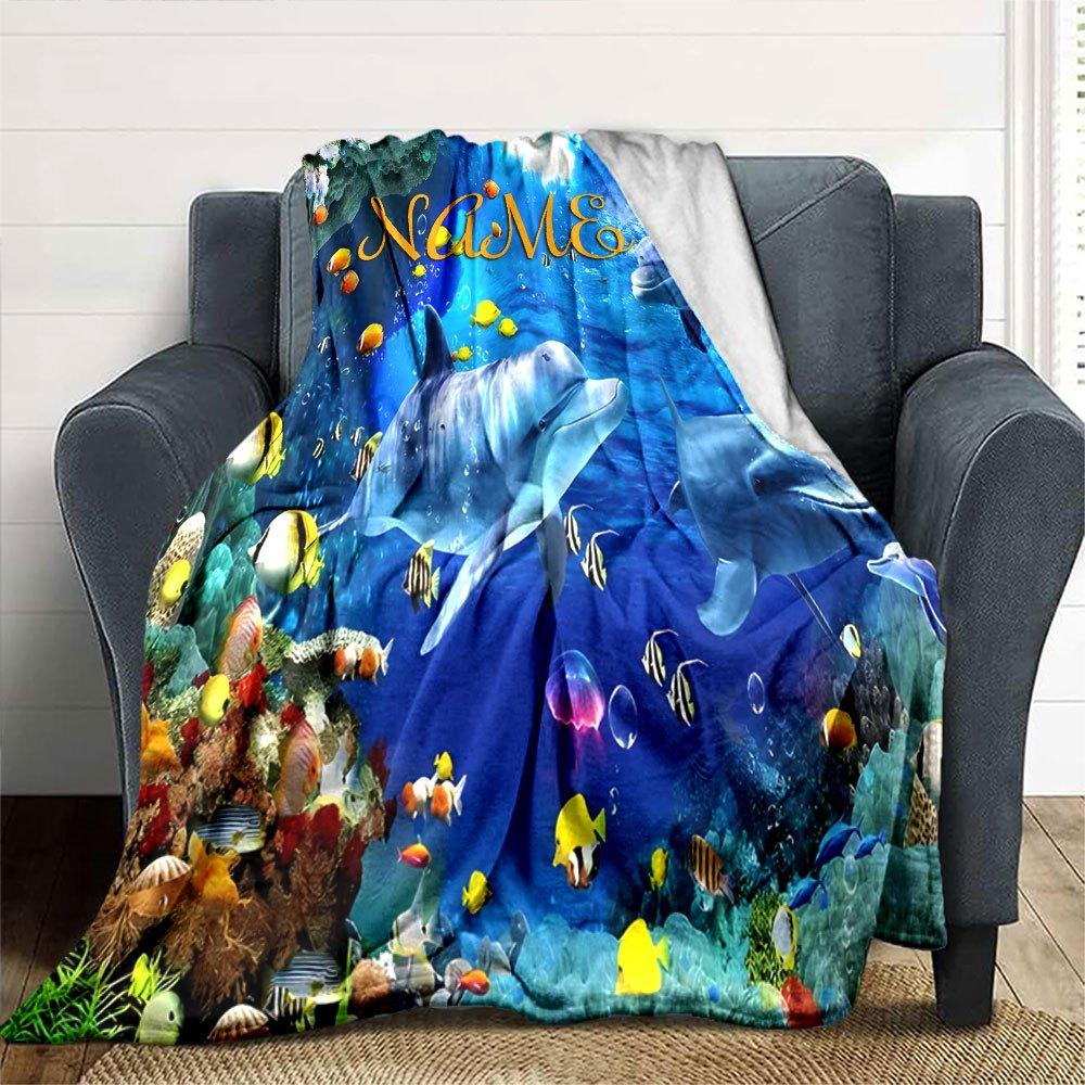Underwater Dolphins And Colorful Fish Home Customize Your Name Blankets Comfortable Soft Lightweight Allseason Versatile Blanket Perfect For Picnics