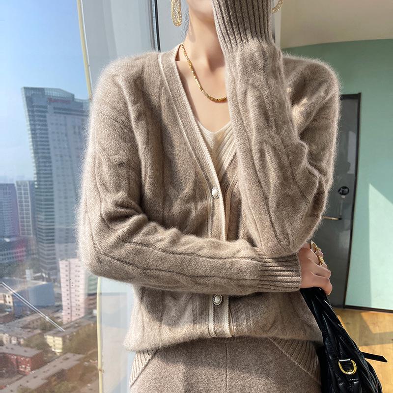 Women's V-Neck Cable Knit Wool Cardigan – New Autumn/Winter Color Block Cashmere Sweater Coat