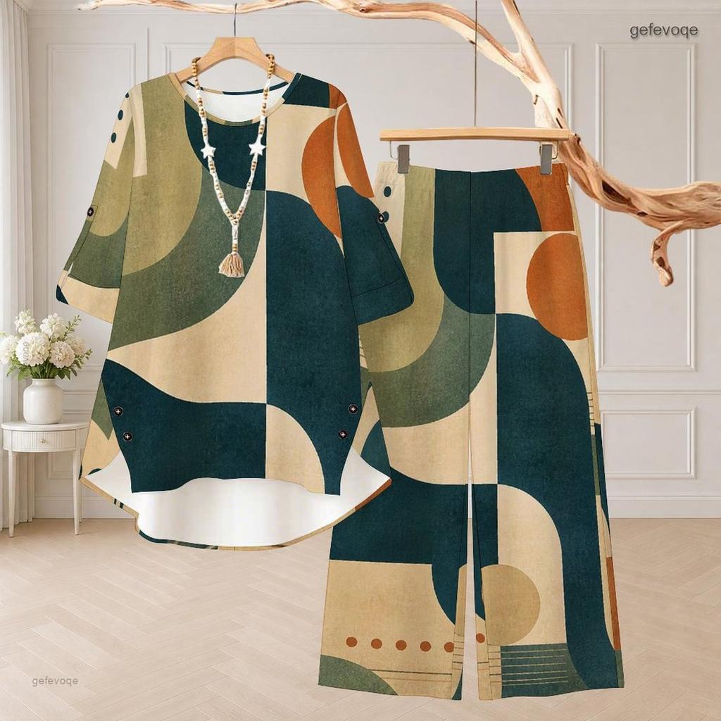 Women Plus Size Printed Two Piece Pants Set Round Neck Half Sleeve High Low Top Long Pants