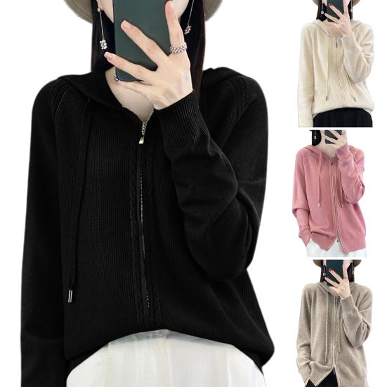 Pulover pentru femeie haină cu glugă cu șnur cu mânecă lungă, cu fermoar dublu, haină de tricotat, culoare solidă, îmbrăcăminte jacquard, largi