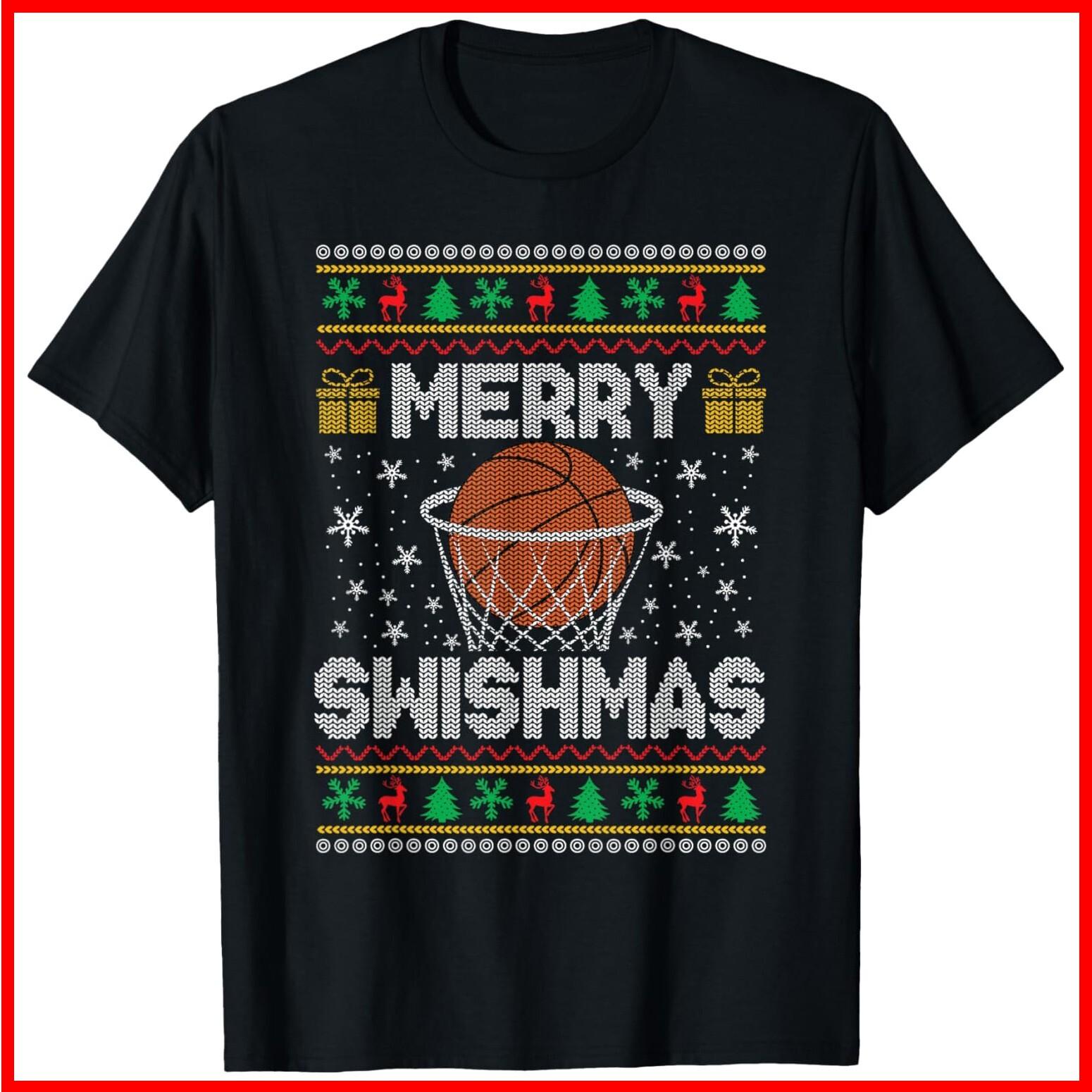 Merry Swishmas Ugly Christmas Basketball Christmas Black Cotton T-Shirt S-5XL M