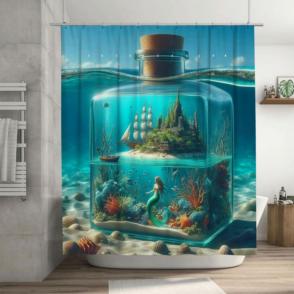 Beautiful Underwater World Shower Curtain with Sailboat Mermaid Coral Design for Home Decor Bathroom Accessories Blue Ocean Bott