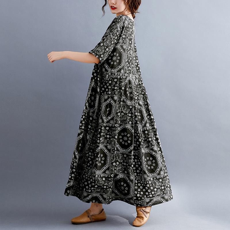 

Летнее платье 2023 года больших размеров для женщин с цветочным принтом, с коротким рукавом, свободного кроя One Size чёрный