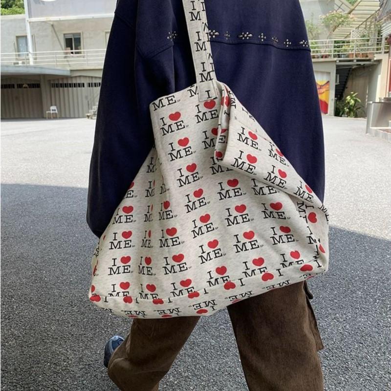 Korean Letter Heart Print Tote Bag Women Large Capacity Canvas Shoulder Bag Ladies Lightweight Versatile Everyday Casual Handbag