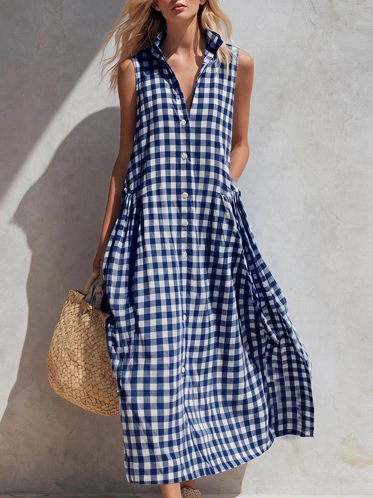 Abito a camicia da donna a quadri senza maniche con colletto button-down, tasca, abito lungo