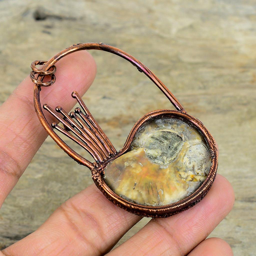 Ethiopian Opal In Ammonite Fossil Pendant Electroformed Copper Pendant Ethiopian Opal Pendant Handmade Jewelry Gemstone Pendant Gift for Her