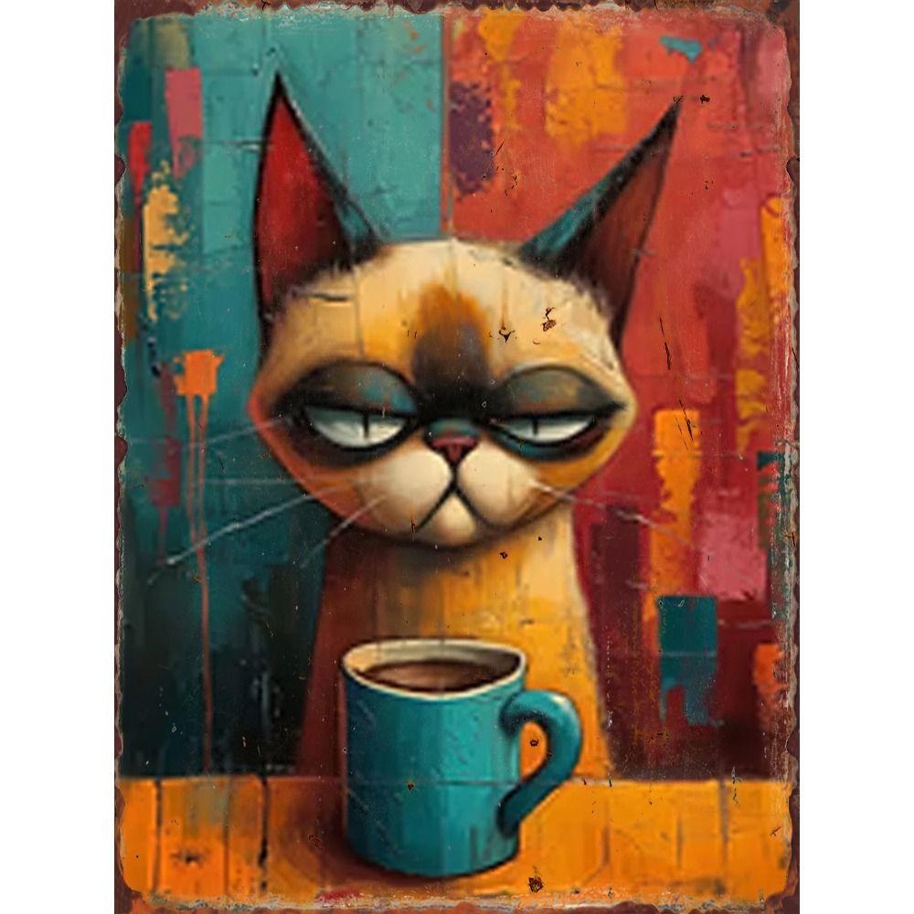 Retro Katze Kaffee Metallblechschild Wanddeko Vintage Küchenkunst 20x30 cm