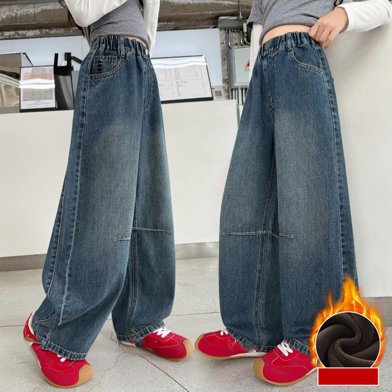 Children Winter Insulated Jeans Teen Kids Fashion Fleece Lined Street Trousers Girl Letter Embroidery Thermal Denim Pants