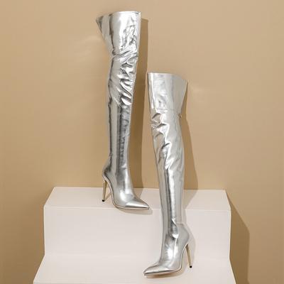 Sexy Stiletto Thin High-Heels Over-the-Knee Boot Women Pointed Toe Back Full Zipper Thigh Boots Golden Silver Shoes