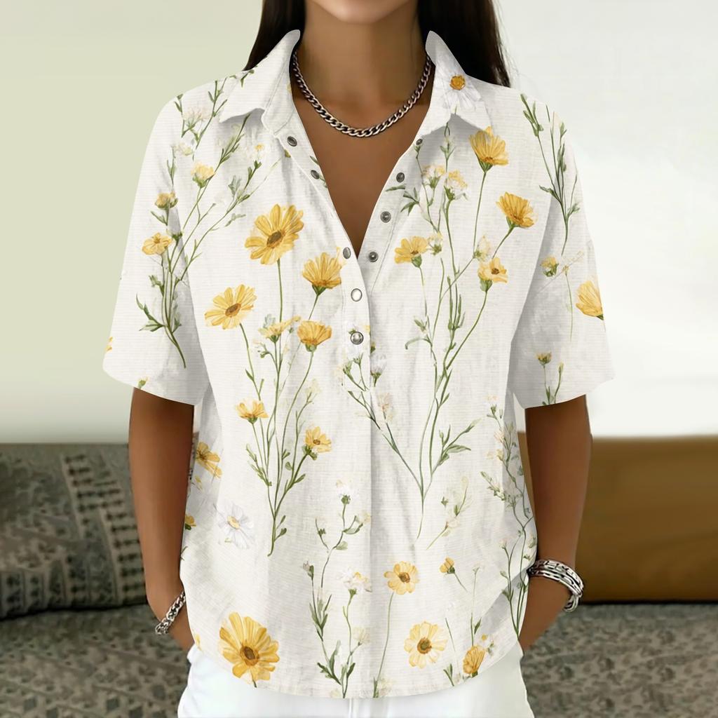 Damen Vintage Blumenprint Kurzarmhemd Lockerer Schnitt Knopfleiste Kragen Freizeitbluse Leichtes Atmungsaktives Gewebe