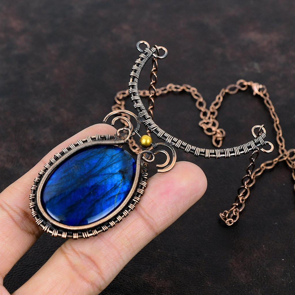 Blue Fire Labradorite Necklace Copper Wire Wrapped Necklace Adjustable Necklace Handmade Necklace Gemstone Jewelry For Gift Copper Jewelry