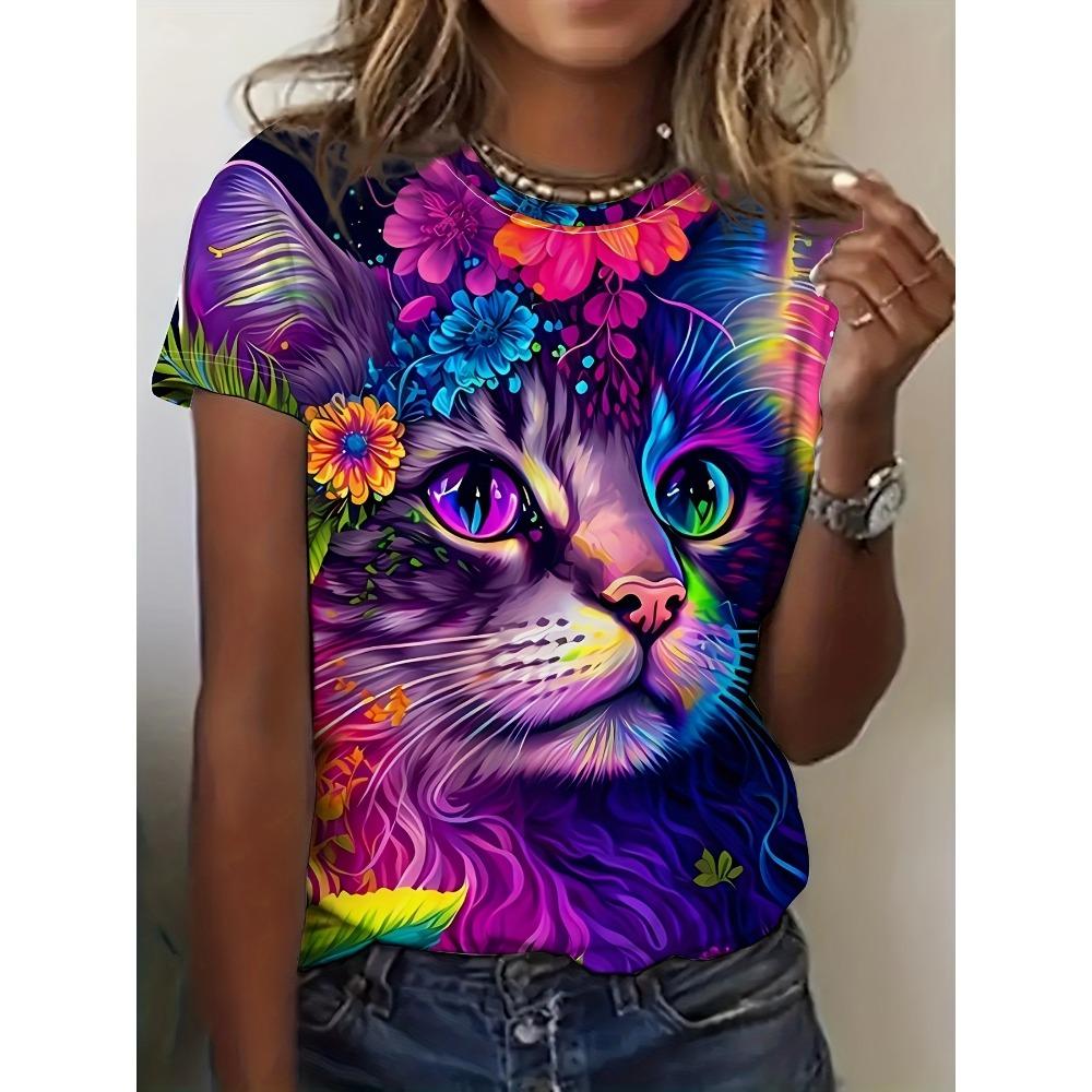 2026 Summer Round Neck Women's T-shirt Fashion 3D Kitten and Puppy Animal Print Short Sleeve T-shirt Cartoon Casual Top
