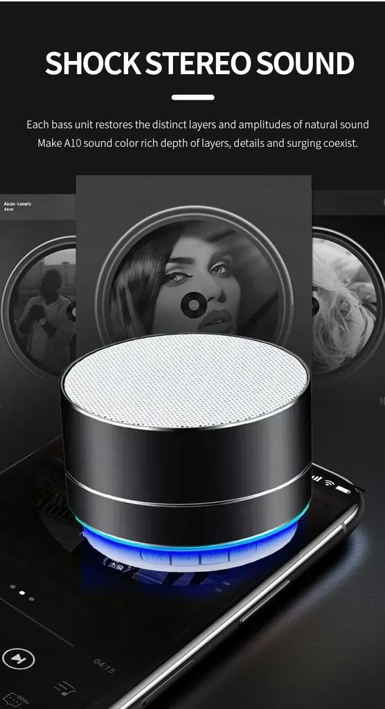 A10 Mini Portable Wireless Bluetooth Speaker with Metal Aluminum Alloy Subwoofer for Mobile Phone, PC, and TF Card