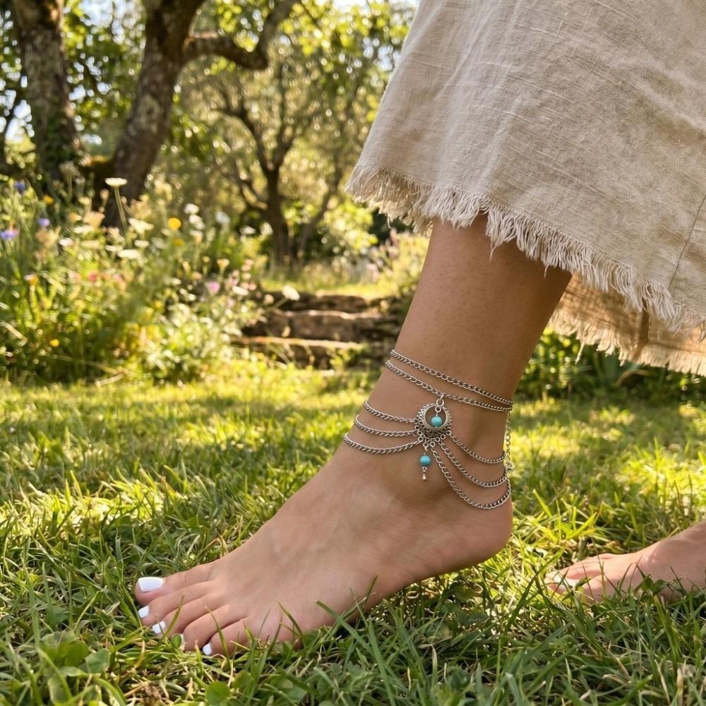 Retro Style Hollow Anklet Handmade Foot Jewelry New Turquoise Foot Chain  Summer