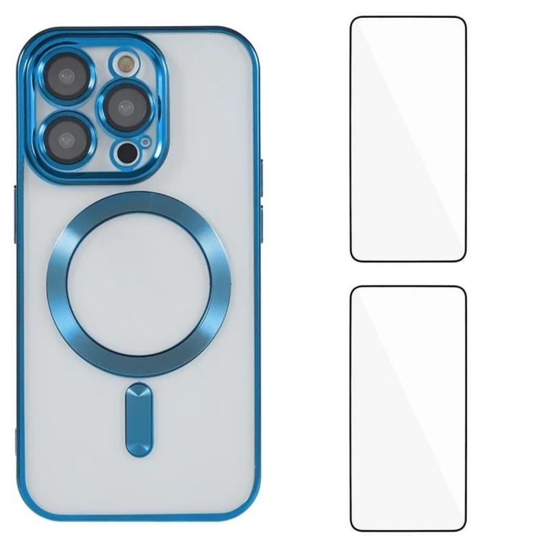 For iPhone 15 Pro Max Magnetic Case WANLONFENG Electroplated TPU Cover with Lens Film+2Pcs Tempered Glass