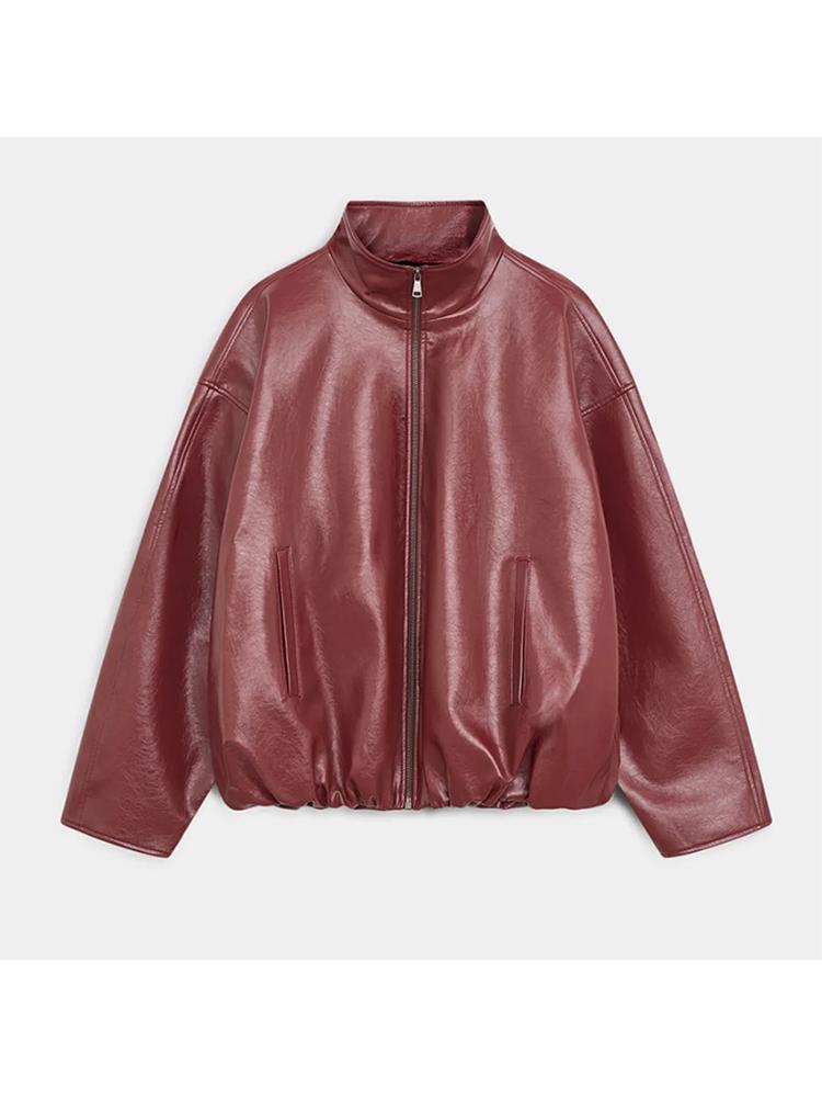 Women's Faux Leather Jacket in Retro Motorcycle Style Stand Up Collar Zipper Jacket Autumn Winter