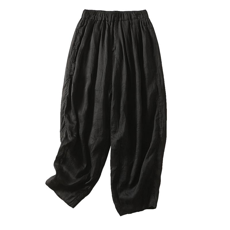 Literary and artistic large-size solid-color cotton and linen casual pants for women's 2025 summer new loose and thin simple elastic waist Harlan pant