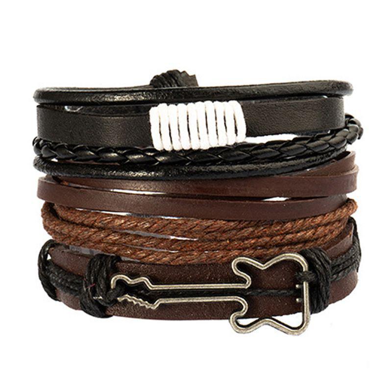 4Pcs/ Set Braided Wrap Leather Bracelets for Men Vintage Life Tree Rudder Charm Wood Beads Ethnic Tribal Wristbands