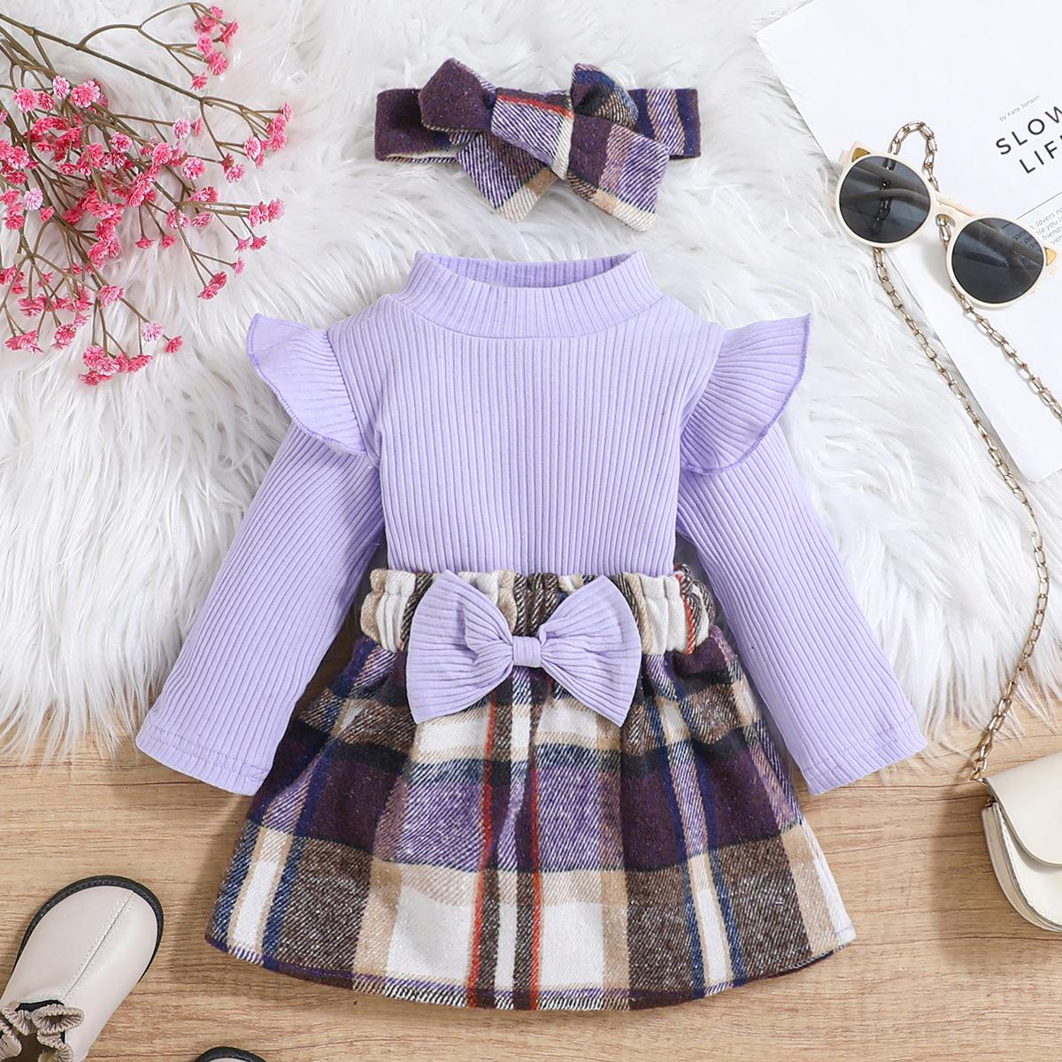 Autumn Trendy Girls  Two-Piece Set: Striped Top & Plaid Skirt 0-3 Months фиолетовый