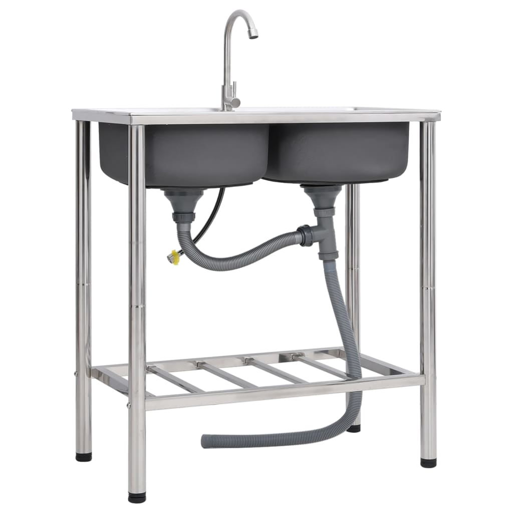 Camping Sink with Double Basin and Faucet Stainless Steel