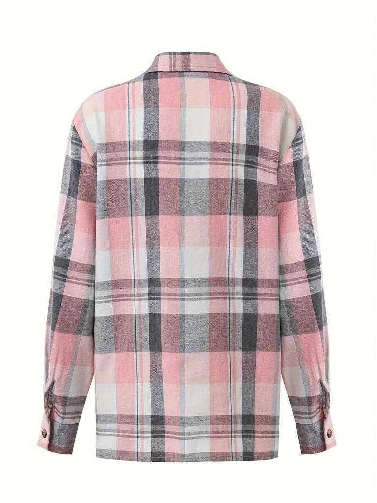 Women Plaid Long Sleeved Lapel Cardigan Shirt Thin Coat