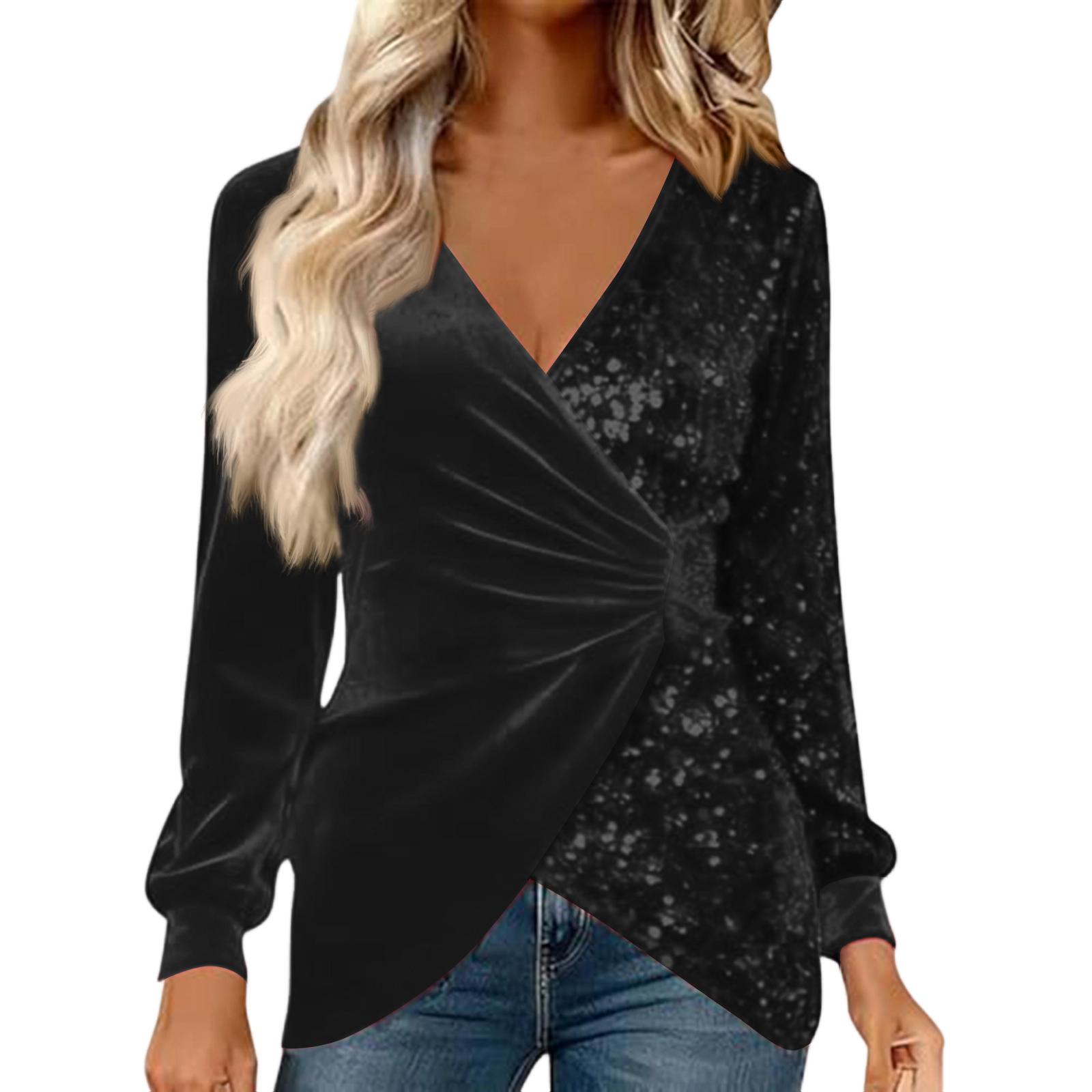 

Women s Color Sequin Velvet Patchwork V-neck Long Sleeved Irregular Top T-shirt M чёрный