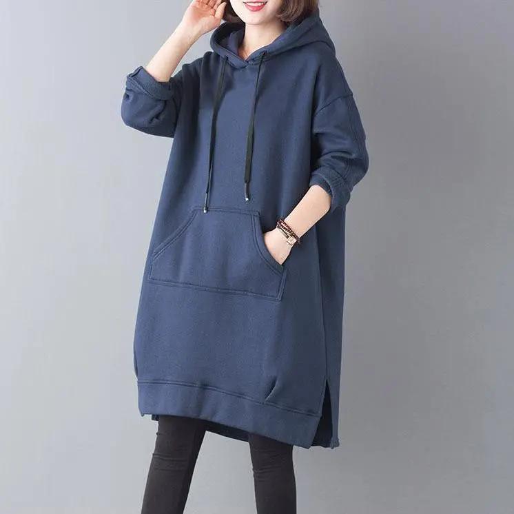 

Осенне-зимняя одежда большого размера средней длины с плюшевой подкладкой, толстый свободный свитер с капюшоном и разрезами, женская куртка XL синий