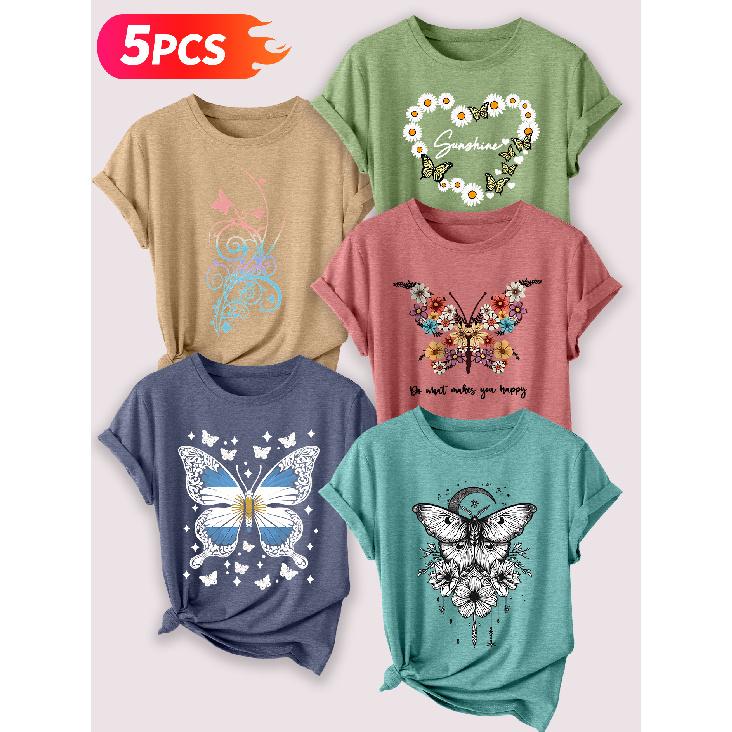 Go for a specific forest-themed, fresh floral and butterfly artistic aesthetic print Five-piece set of women's short-sleeve tops Elegant summer