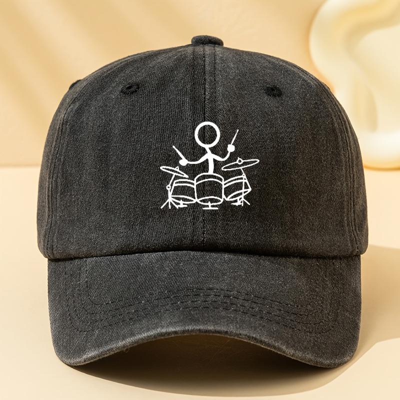 Drum Print Retro Washed Baseball Cap Adjustable For Both Men And Women, Suitable For Outdoor Sports, Camping, And Leisure