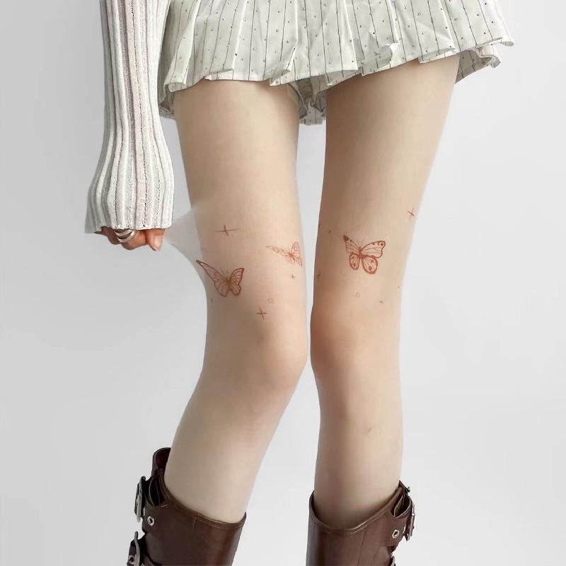 Y2K Sexy Butterfly Tights Vintage Fake Tattoo Butterfly Black Transparent Silk Pantyhose Women Lolita Summer Ultra-thin Stocking