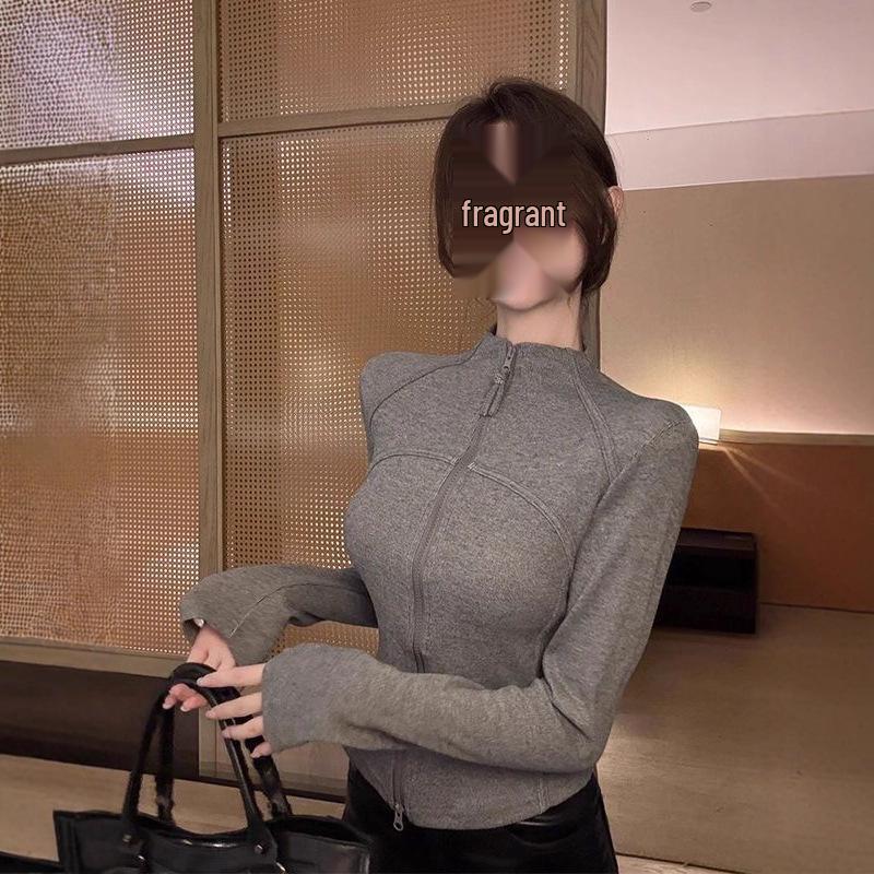 

Korean Style Sporty Fishbone Patchwork Stand Collar Zip Long Sleeve Slim Fit Shirt for Autumn/Winter 2025 Small сірий колір