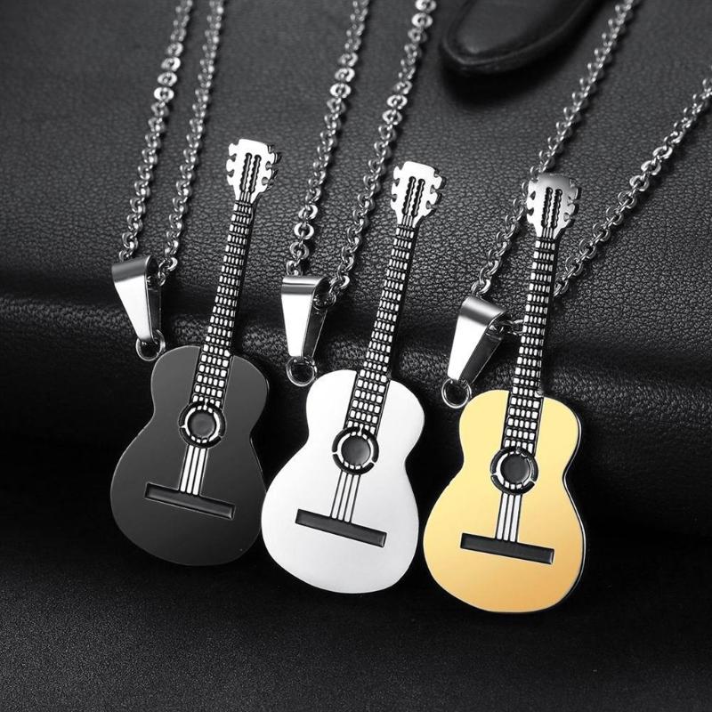 Musical Guitar Pendant with 60cm/24in Chain Hip Hop Music Style Stainless Steel Guitar Pendant Jewelry Personalized Gift